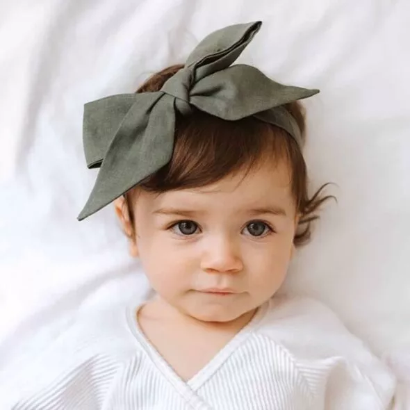 SNUGGLE HUNNY Natural Linen Bow Pre-Tied Headband Wrap (Olive)