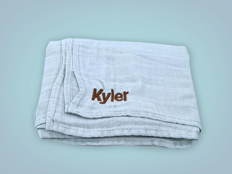 Personalised Misty Blue Bamboo Muslin Swaddle Blanket